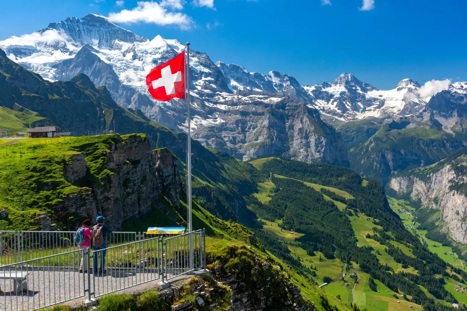 Schweizer Flagge am Jungfraujoch‚ Touristen geniessen den Ausblick mit eSIM
