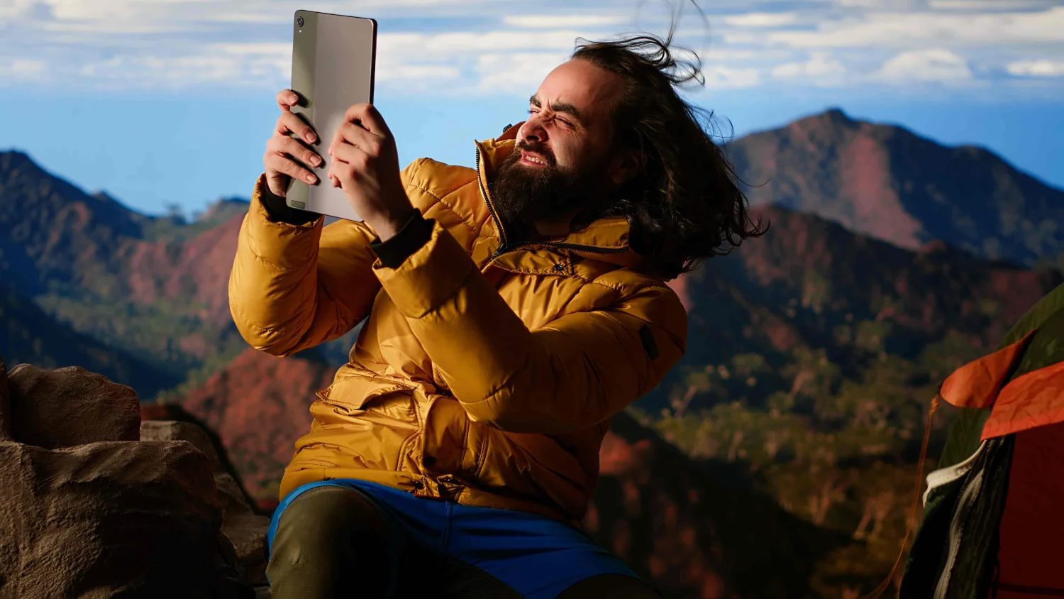 tech dependent hiker ignores beauty nature works online